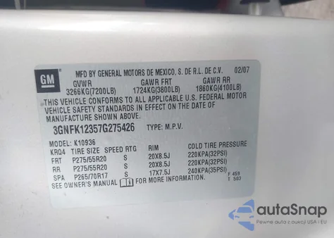 2007 Chevrolet Avalanche 1500 Lt z USA, uszkodzony, nr VIN 3GNFK12357G275426